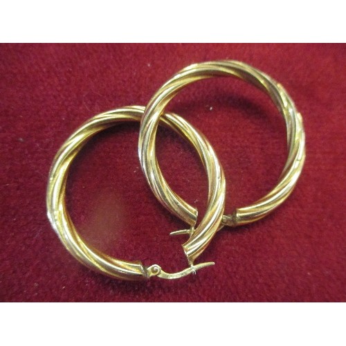 38 - PAIR OF LARGE 9CT GOLD ROPE TWIST HOOP EARRINGS - 3.8 GRAMS