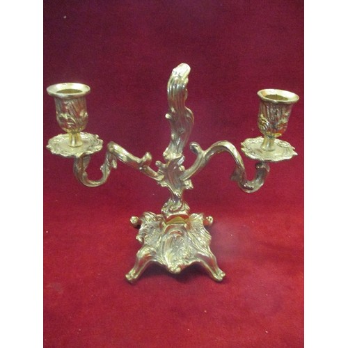 40 - VINTAGE GILT BRASS 2 BRANCH CANDELABRA IN ROCOCO STYLE - 20CM HIGH