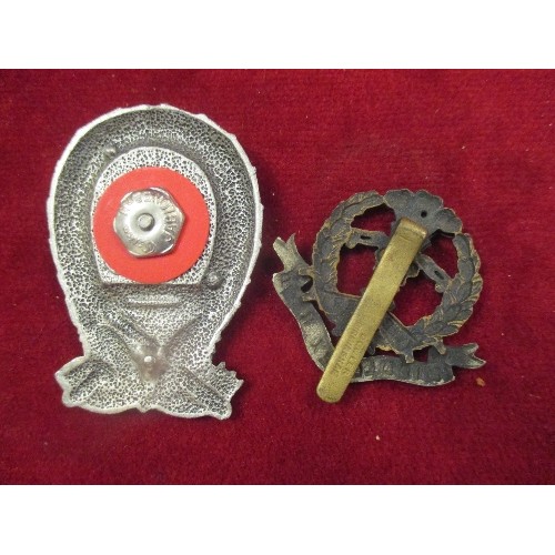 42 - TWO MILITARY BADGES INC MIDDLESEX REGT CAP BADGE AND A LION RAMPANT AND CROSSED SWORDS BADGE, MAKER ... 