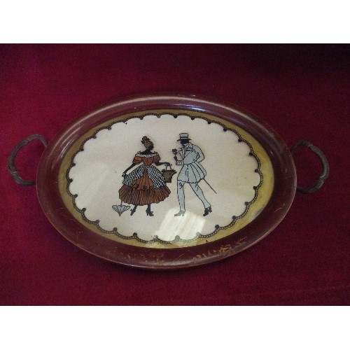 77 - CIRCA 1940'S OVAL CARD TRAY WITH WOODEN FRAME AND METAL HANDLES, DECORATED WITH A COURTING COUPLE - ... 