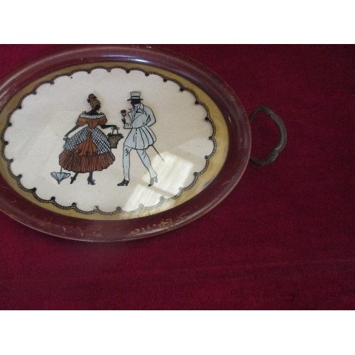 77 - CIRCA 1940'S OVAL CARD TRAY WITH WOODEN FRAME AND METAL HANDLES, DECORATED WITH A COURTING COUPLE - ... 