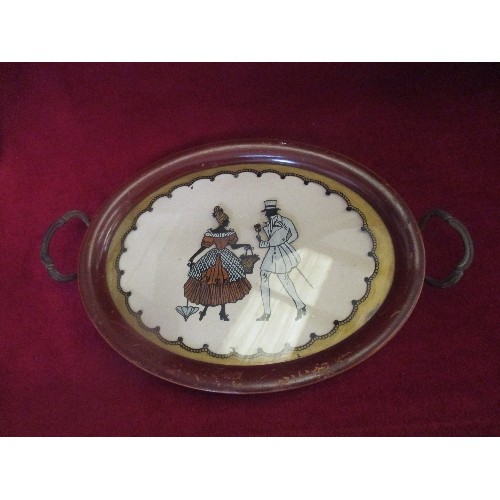 77 - CIRCA 1940'S OVAL CARD TRAY WITH WOODEN FRAME AND METAL HANDLES, DECORATED WITH A COURTING COUPLE - ... 