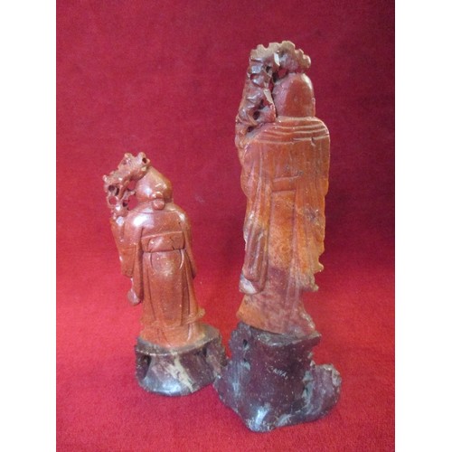 86 - TWO EARLY 20TH CENTURY CHINESE SOAPSTONE FIGURES OF THE IMMORTAL SHOULAO - 19CM & 14CM