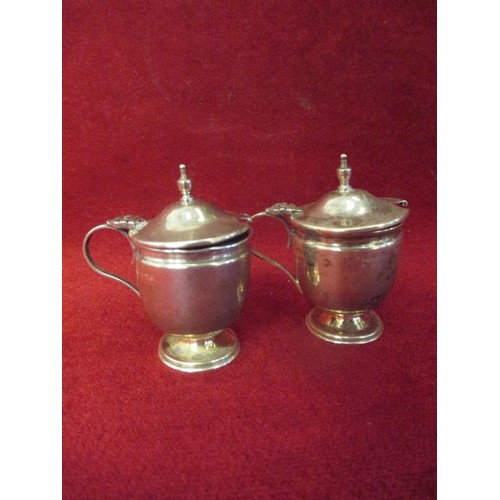 31 - PAIR OF SMALL SILVER MUSTARD POTS, TANKARD SHAPED, WITH BLUE GLASS LINERS