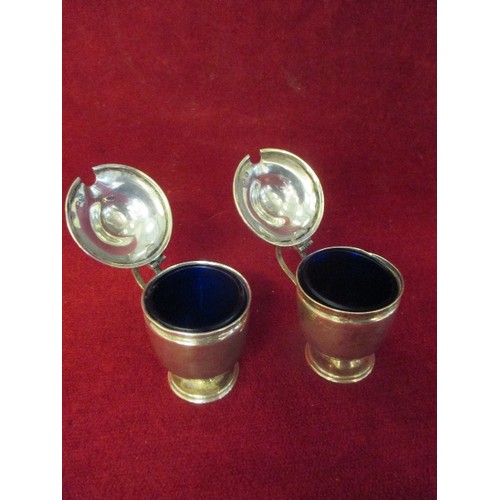 31 - PAIR OF SMALL SILVER MUSTARD POTS, TANKARD SHAPED, WITH BLUE GLASS LINERS