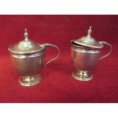 31 - PAIR OF SMALL SILVER MUSTARD POTS, TANKARD SHAPED, WITH BLUE GLASS LINERS