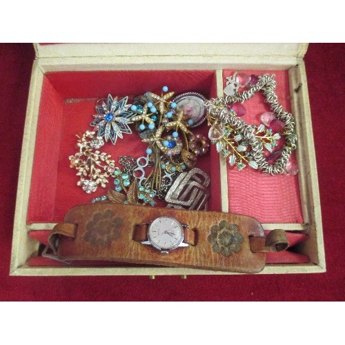 81 - JEWELLERY BOX WITH COSTUME JEWELLERY BROOCHES, BRACELET, ORIS WRIST WATCH WITH LEATHER STRAP ETC