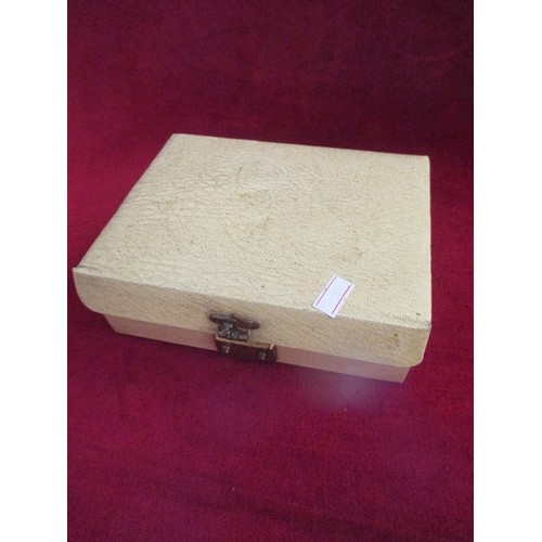 81 - JEWELLERY BOX WITH COSTUME JEWELLERY BROOCHES, BRACELET, ORIS WRIST WATCH WITH LEATHER STRAP ETC