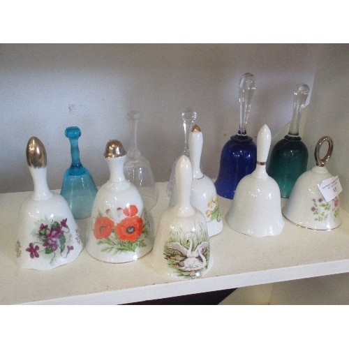 85 - DECORATIVE CERAMIC BELL COLLECTION X 6, ALSO 5 GLASS BELLS.