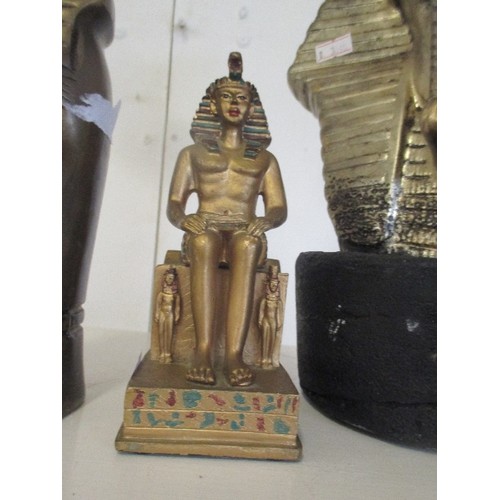 89 - EGYPTIAN TUTANKHAMON BUST/HEAD. 32CM H. TOGETHER WITH A SMALLER SEATED FIGURE AND A MONEY BOX