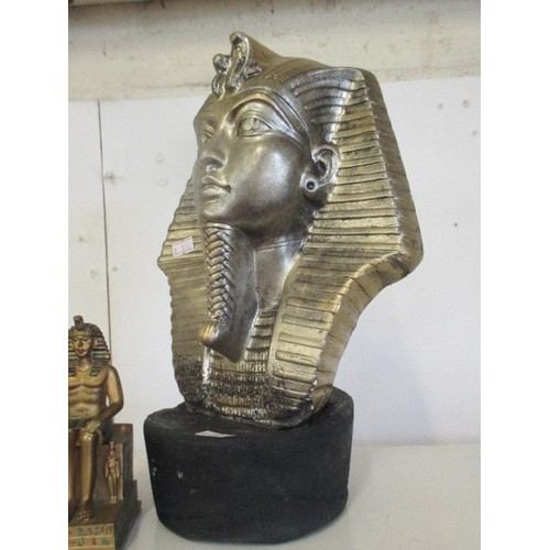 89 - EGYPTIAN TUTANKHAMON BUST/HEAD. 32CM H. TOGETHER WITH A SMALLER SEATED FIGURE AND A MONEY BOX