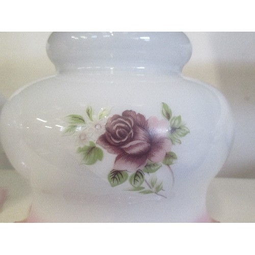 91 - 3 X PENDANT LIGHT SHADES WITH PURPLE ROSE DESIGN