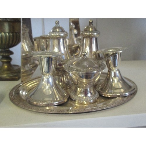 92 - COLLECTION OF SILVER PLATE ITEMS, ALSO A SMALL BRASS LIDDED POT/URN.