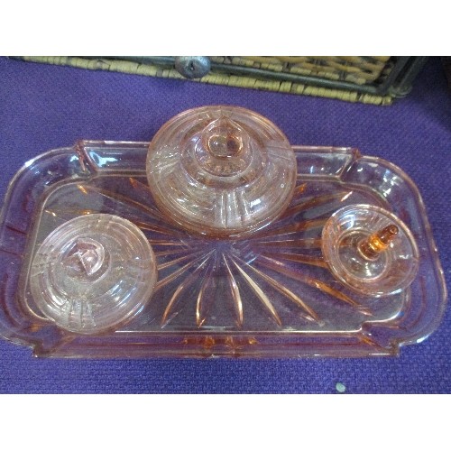 113 - ART DECO PINK GLASS DRESSING TABLE SET WITH POWDER POTS AND RING TREE