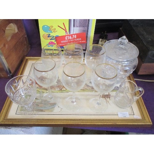 140 - BOX OF MOSTLY GLASS WARE INC GOOD SET OF ETCHED WINE GLASSES WITH GILT RIM, CUT GLASS CREAM JUG, HEA... 