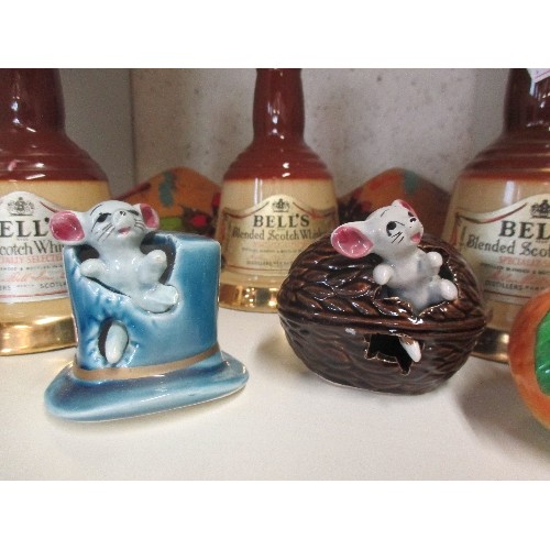 168 - 4 X VINTAGE CERAMIC MOUSE ORNAMENTS, 3 X WADE BELL'S WHISKY BOTTLES & VINTAGE WOODEN CLOGS