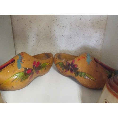 168 - 4 X VINTAGE CERAMIC MOUSE ORNAMENTS, 3 X WADE BELL'S WHISKY BOTTLES & VINTAGE WOODEN CLOGS