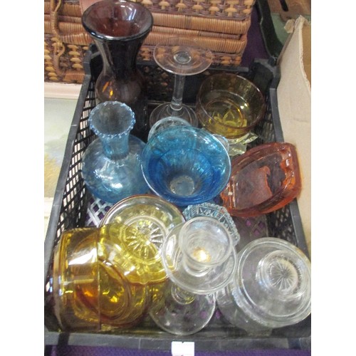 181 - TWO BOXES OF COLOURED GLASS WARE AND A CLOCK. LOT INCLUDES A DECO PINK GLASS ASHTRAY WITH ETCHED BUL... 