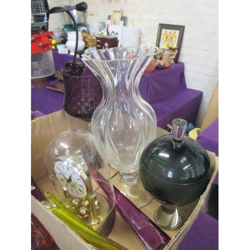 181 - TWO BOXES OF COLOURED GLASS WARE AND A CLOCK. LOT INCLUDES A DECO PINK GLASS ASHTRAY WITH ETCHED BUL... 