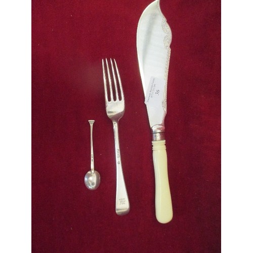 36 - SILVER FLATWARE INCLUDING A SOLID SILVER TABLE FORK LONDON 1905, HERBERT CHARLES LAMBERT WITH LION C... 