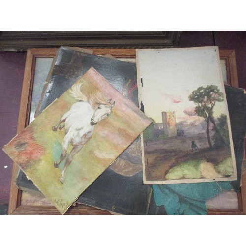 227 - VICTORIAN AND LATER PRINTS AND WATERCOLOUR, INCLUDES A WATERCOLOUR OF A WHITE HORSE SIGNED A.C.P, 19... 