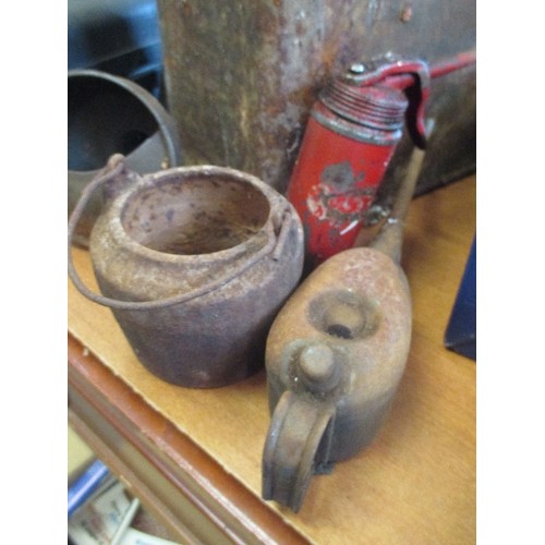 236 - VINTAGE PETROL CAN , 2 OIL CANS, GLUE POT AND A FUNNEL