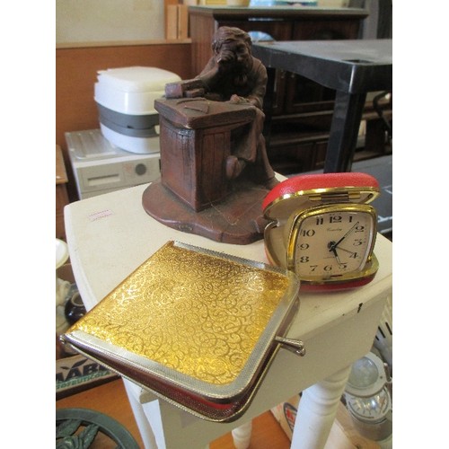 286 - RESIN MODEL OF A JEWELLER AT WORK, A TRAVEL CLOCK BY CANTERBURY, GERMANY WORKING AND A MANICURE SET ... 