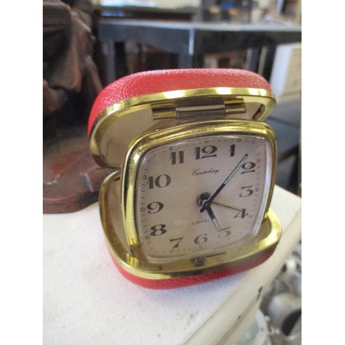 286 - RESIN MODEL OF A JEWELLER AT WORK, A TRAVEL CLOCK BY CANTERBURY, GERMANY WORKING AND A MANICURE SET ... 