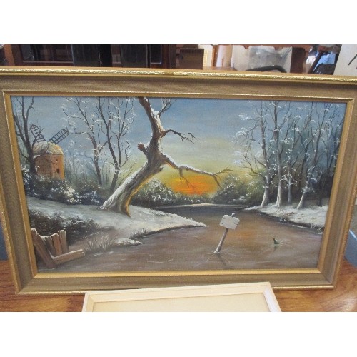 288 - WATERCOLOUR OF A WINTER SCENE WITH BENCH - SIGNED JBM 1969 AND AN OIL PAINTING ON BOARD OF A FROZEN ... 