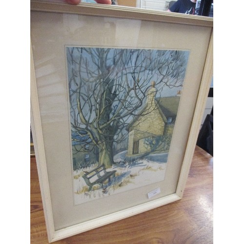 288 - WATERCOLOUR OF A WINTER SCENE WITH BENCH - SIGNED JBM 1969 AND AN OIL PAINTING ON BOARD OF A FROZEN ... 