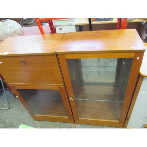 292 - 20TH CENTURY TEAK DRINKS CABINET, THE TOP SECTION WITH DROP DOWN DOOR AND MIRRORED BACK, TOGETHER WI... 