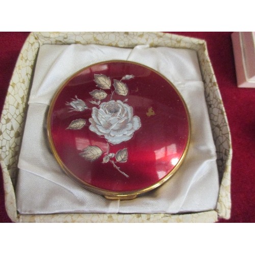 11 - VANITY LOT INC A C 1920'S IVORINE DRESSING TABLE MIRROR, POWDER COMPACT WITH ROSE DESIGN, PILL BOX I... 