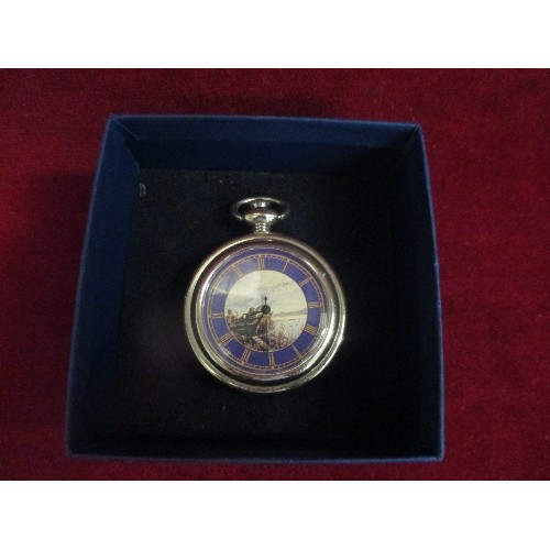 12 - SILVER PLATED POCKET WATCH WITH HUNTING SCENE ON THE DIAL