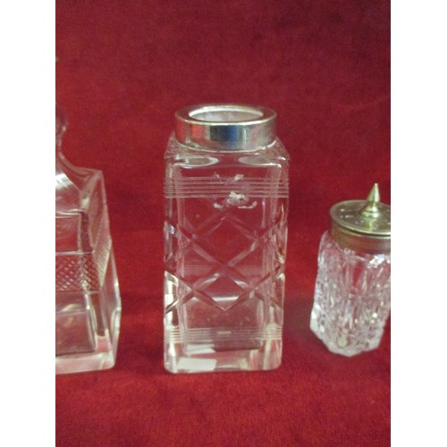 19 - 4 VINTAGE CUT GLASS AND ETCHED JARS WITH PLATED COLLARS, INCLUDES 2 CONDIMENT BOTTLES WITH LIDS