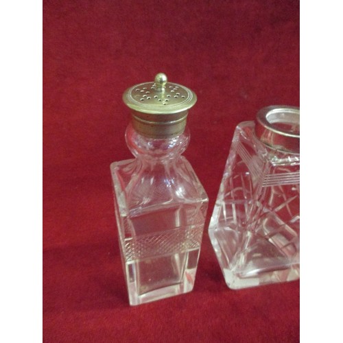 19 - 4 VINTAGE CUT GLASS AND ETCHED JARS WITH PLATED COLLARS, INCLUDES 2 CONDIMENT BOTTLES WITH LIDS