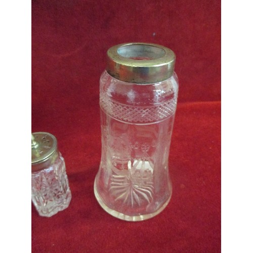 19 - 4 VINTAGE CUT GLASS AND ETCHED JARS WITH PLATED COLLARS, INCLUDES 2 CONDIMENT BOTTLES WITH LIDS