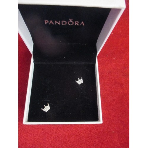 30 - PAIR OF PANDORA 925 SILVER AND DIAMANTE CROWN EARRINGS, MARKED 