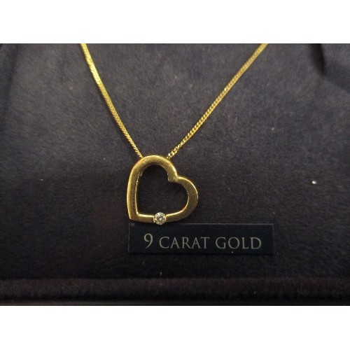 32 - 9CT GOLD CHAIN NECKLACE WITH A GOLD HEART AND DIAMOND PENDANT - IN BEAVERBROOKS JEWELLERS BOX - 2.4 ... 