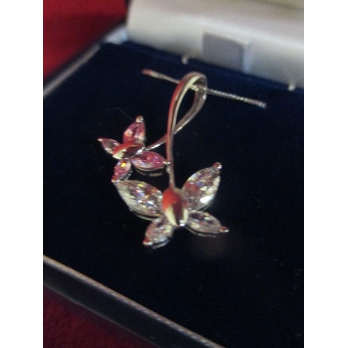 36 - 9CT WHITE GOLD NECKLACE WITH BUTTERFLY CROSSOVER PENDANT WITH PINK AND CLEAR CZ STONES