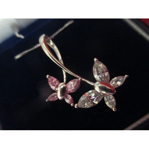 36 - 9CT WHITE GOLD NECKLACE WITH BUTTERFLY CROSSOVER PENDANT WITH PINK AND CLEAR CZ STONES