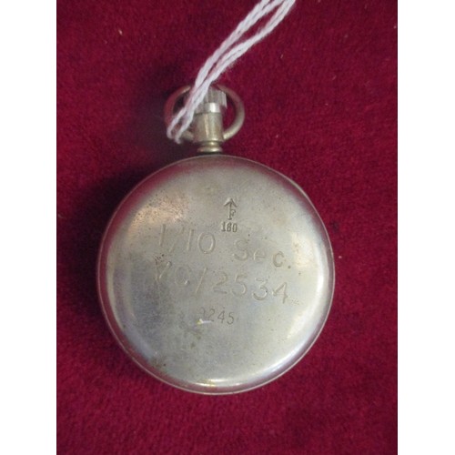 50 - WW2 MILITARY STOP WATCH - NICKEL PLATED 1/10 SEC , VC/2534, WITH DENNISON CASE - BROAD ARROW MARK