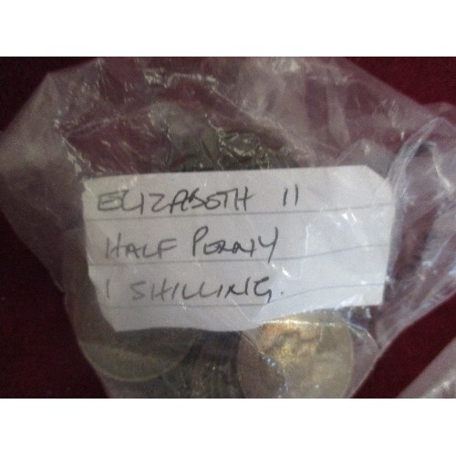 61 - QUANTITY OF BRITISH PRE DECIMAL COINS SORTED INTO BAGS - GEO V, GEO VI, & ELIZ II, PENNIES AND HALF ... 