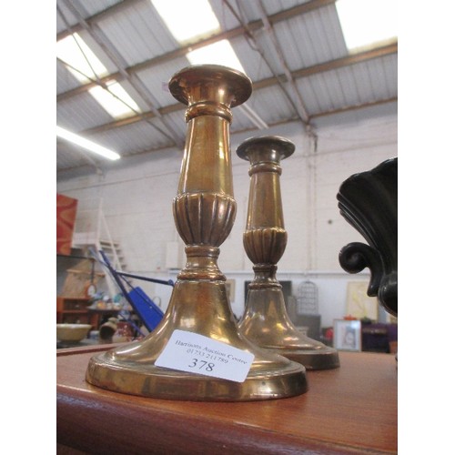 378 - 2 BRASS CANDLESTICKS, TREEN, POWDER PUFF GLASS LIDDED JAR, PAPERWEIGHT EGG TIMER ETC