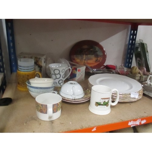 405 - SHELF OF MIXED CHINA, ORNAMENTS, CUTLERY, WOODEN TRAIN ETC