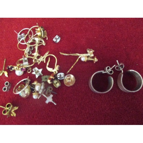 56C - BOX OF 9CT GOLD , YELLOW METAL (UNTESTED) AND SILVER EARRINGS. WEIGHT OF EARRINGS MARKED 9CT = 3G