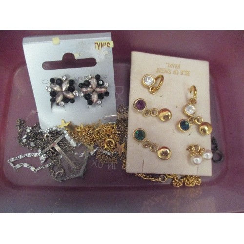 56D - TUB OF COSTUME JEWELLERY - CHAINS AND EARRINGS. INCLUDES A LOVELY GILT METAL CROSS WITH PURPLE STONE... 