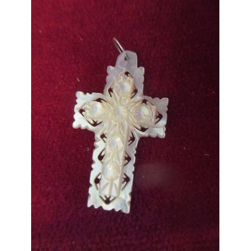 56F - TIN OF COSTUME JEWELLERY, MOTHER OF PEARL CROSS,, KEYRING, CLIPS, HENLEY WATCH ETC