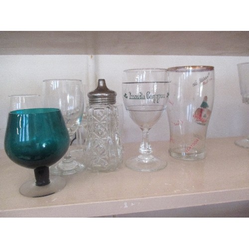 65 - TWO SHELVES OF GLASSWARE INC SET OF 4 SMALL CUT GLASS WHISKY TUMBLERS, PRESSED GLASS BISCUIT BARREL,... 