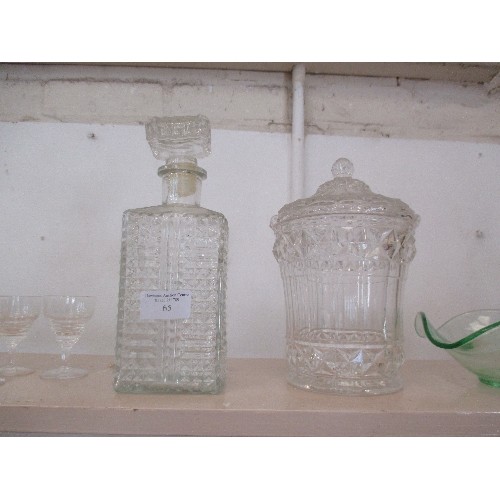 65 - TWO SHELVES OF GLASSWARE INC SET OF 4 SMALL CUT GLASS WHISKY TUMBLERS, PRESSED GLASS BISCUIT BARREL,... 