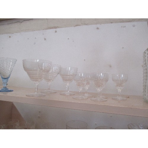 65 - TWO SHELVES OF GLASSWARE INC SET OF 4 SMALL CUT GLASS WHISKY TUMBLERS, PRESSED GLASS BISCUIT BARREL,... 